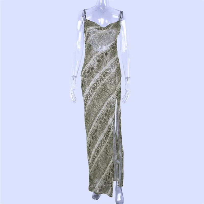 Snake Chiffon Long Party Sheer Backless Autumn Clothes Midi Dresses