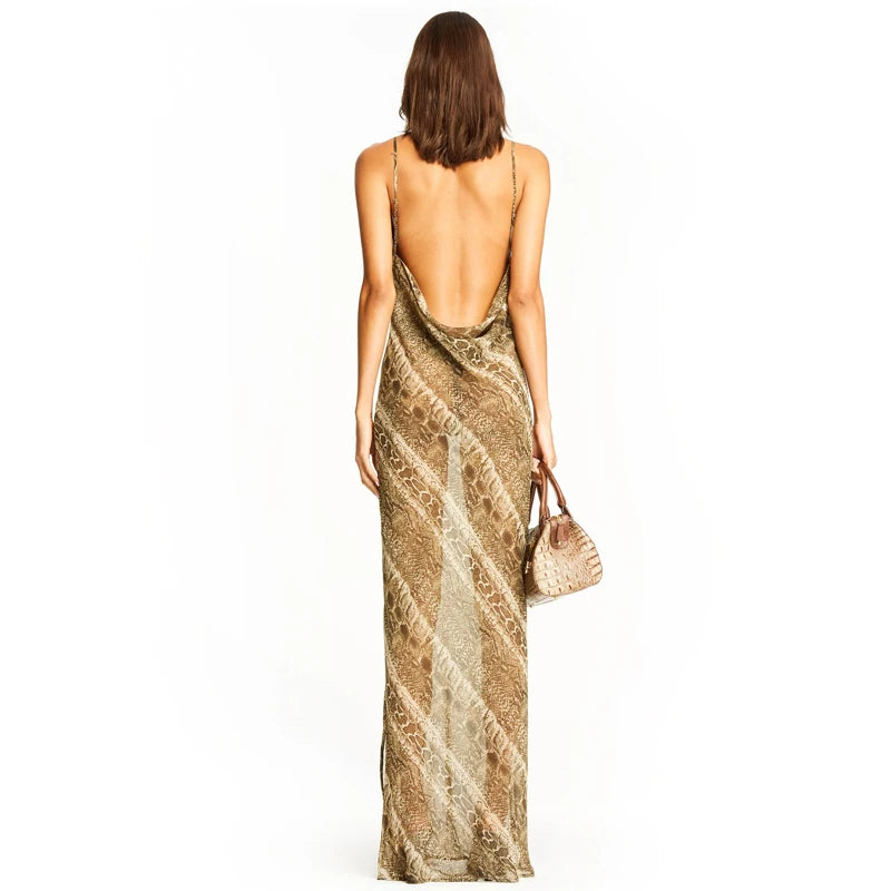 Snake Chiffon Long Party Sheer Backless Autumn Clothes Midi Dresses