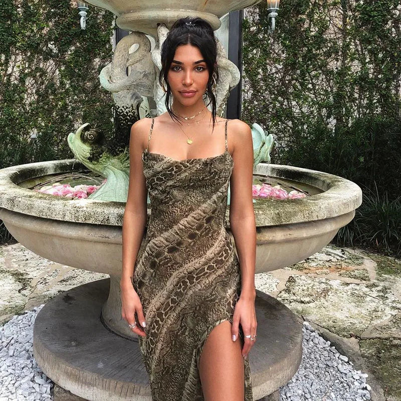 Snake Chiffon Long Party Sheer Backless Autumn Clothes Midi Dresses
