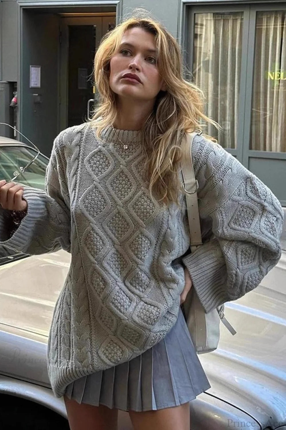 3d Chunky Cable Argyle Crewneck Loose Sweater