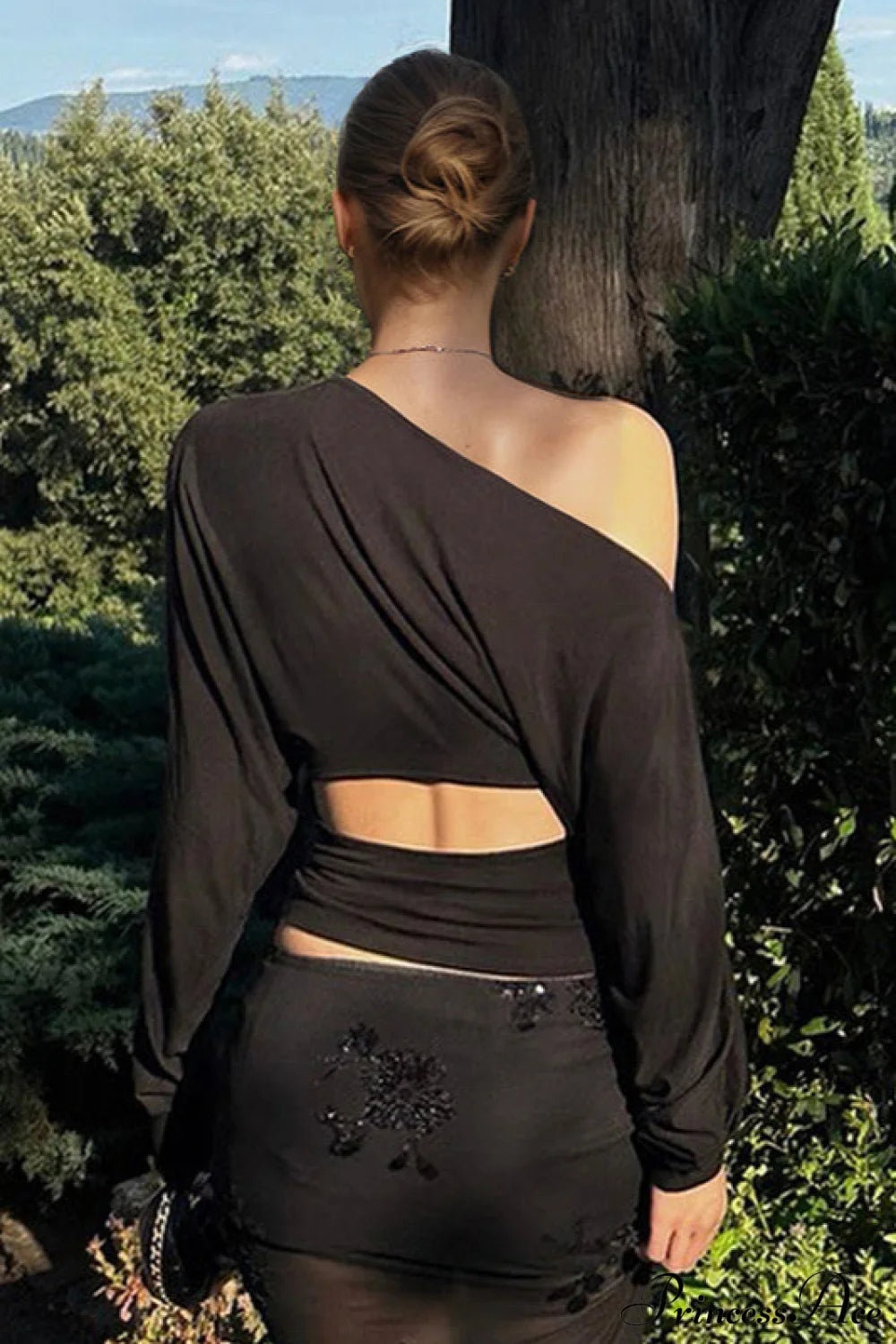 Color Asymmetric Shoulder Cutout Long Sleeve Blouse
