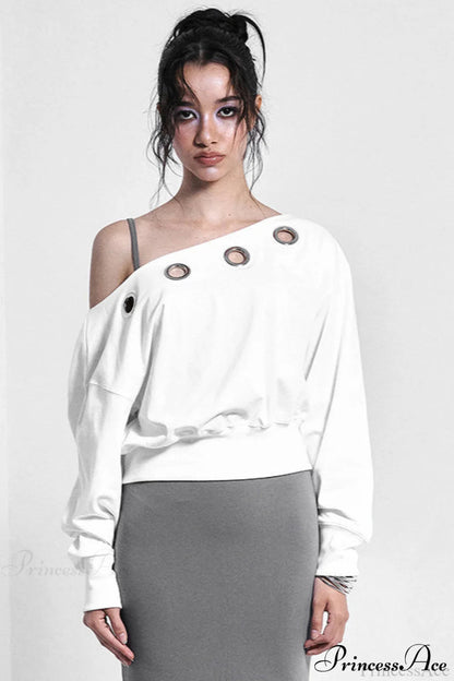 Color Asymmetric Shoulder Cutout Long Sleeve Blouse