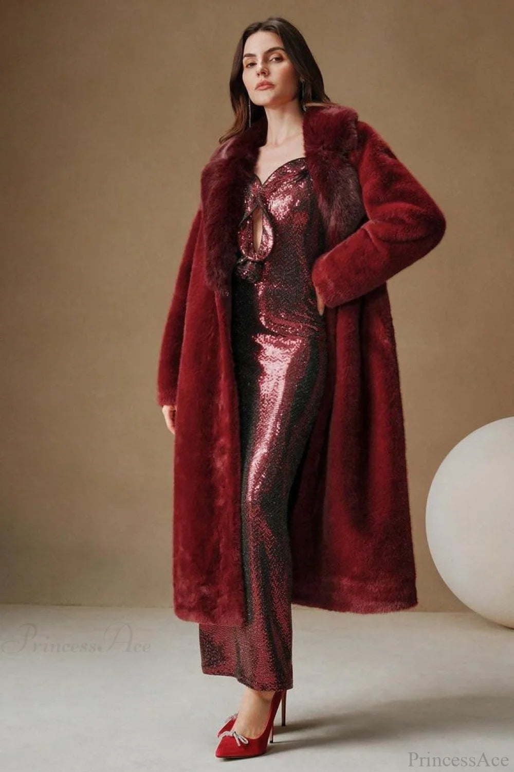 Color Furry Collar Faux Fur Overcoat