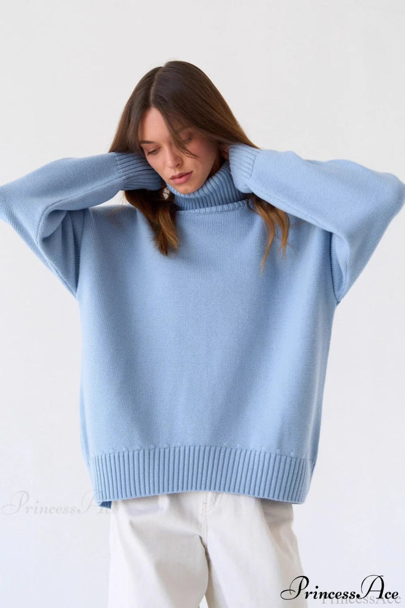 Color High-neck Loose Knit Sweater