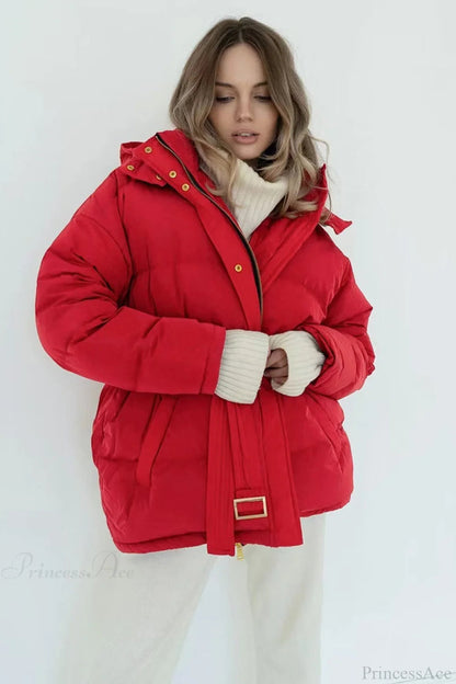 Color Hooded Zippered Thickened Quilted Coat