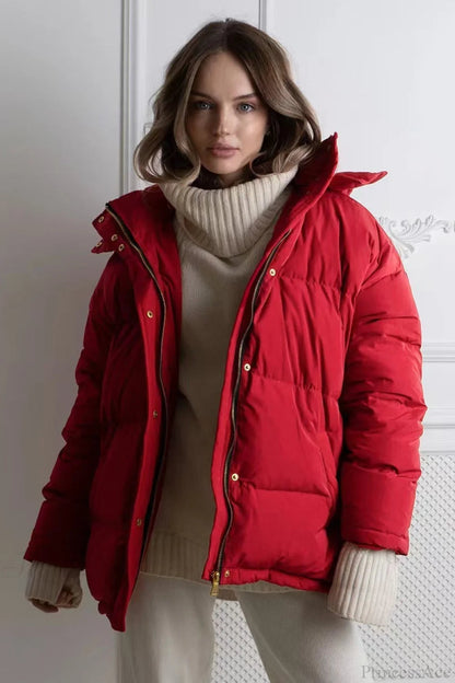 Color Hooded Zippered Thickened Quilted Coat