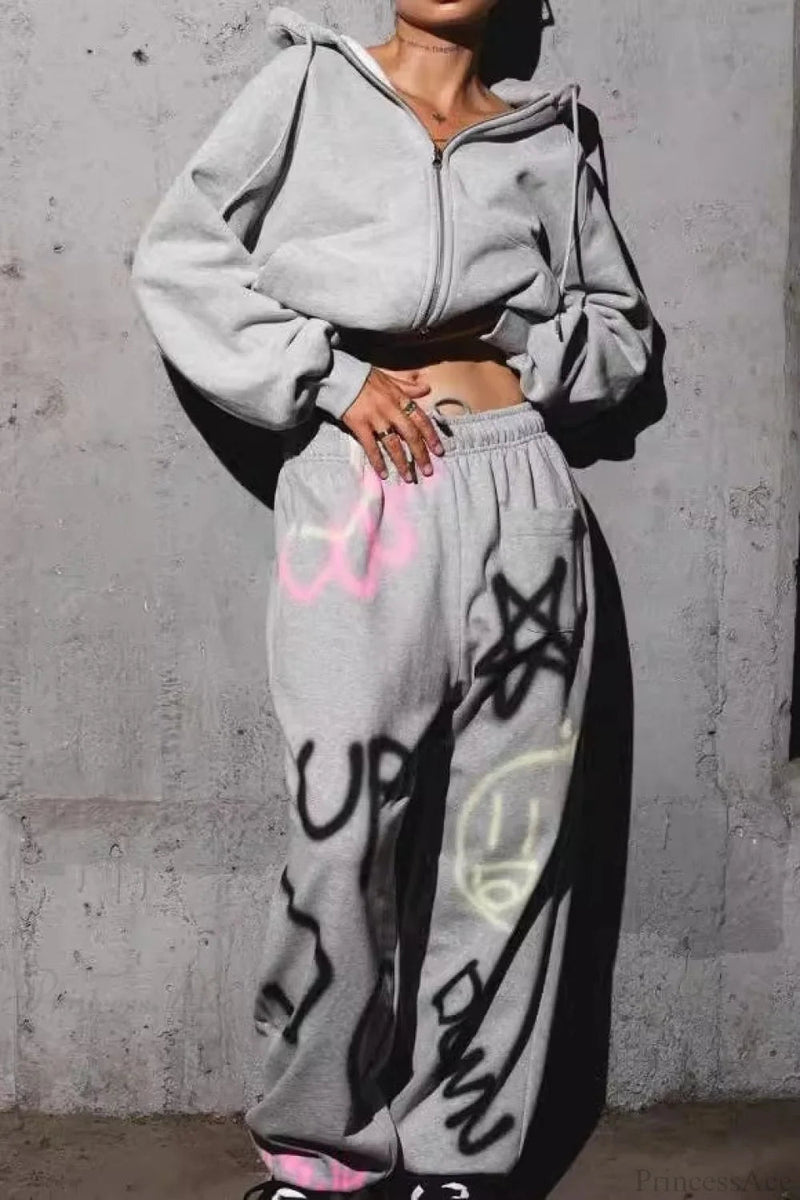 Color Hoodie Colorful Graffiti Letter Pants Two Piece Set