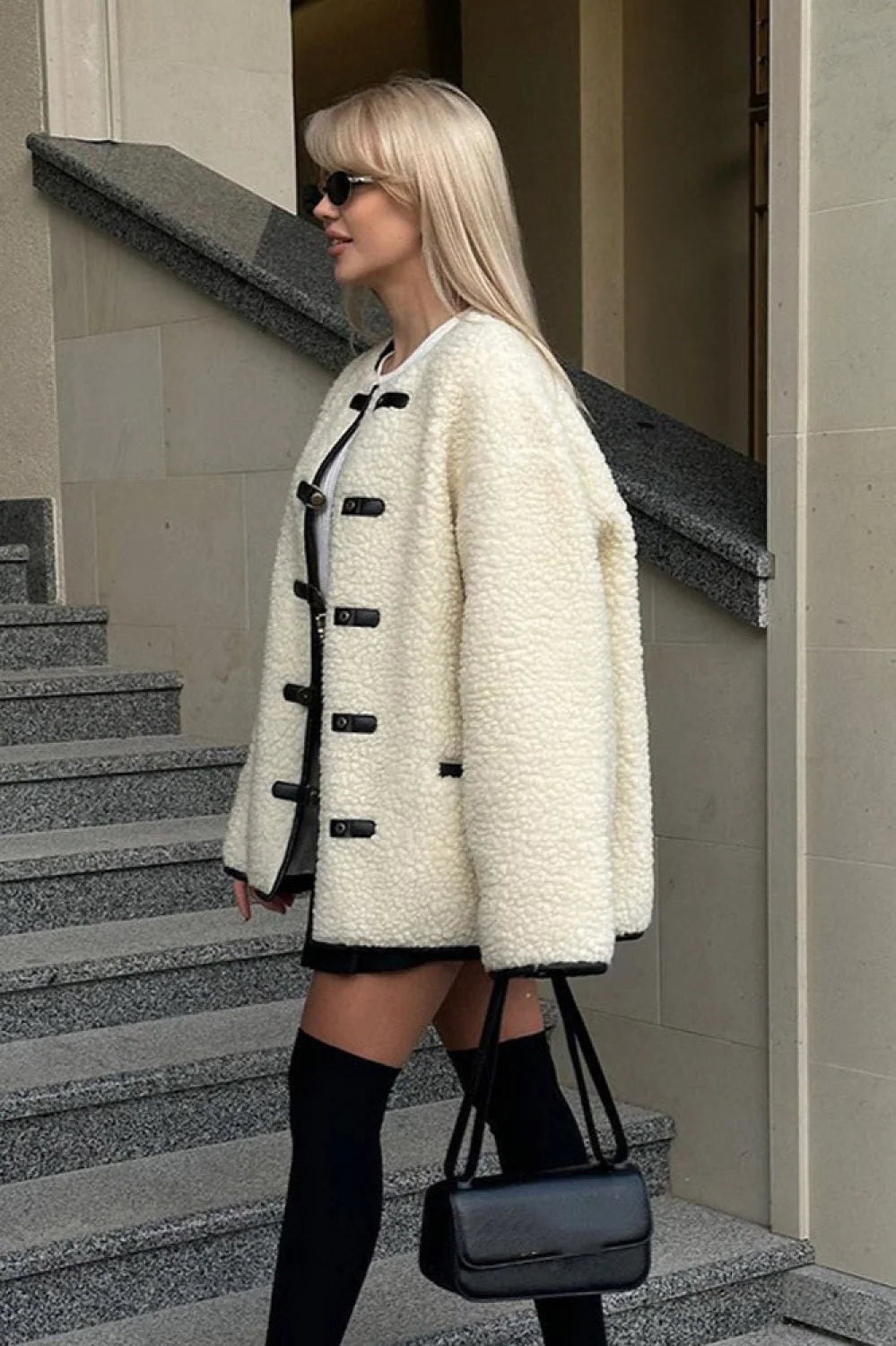 Color Sherpa Horn Button Minimalist Coat