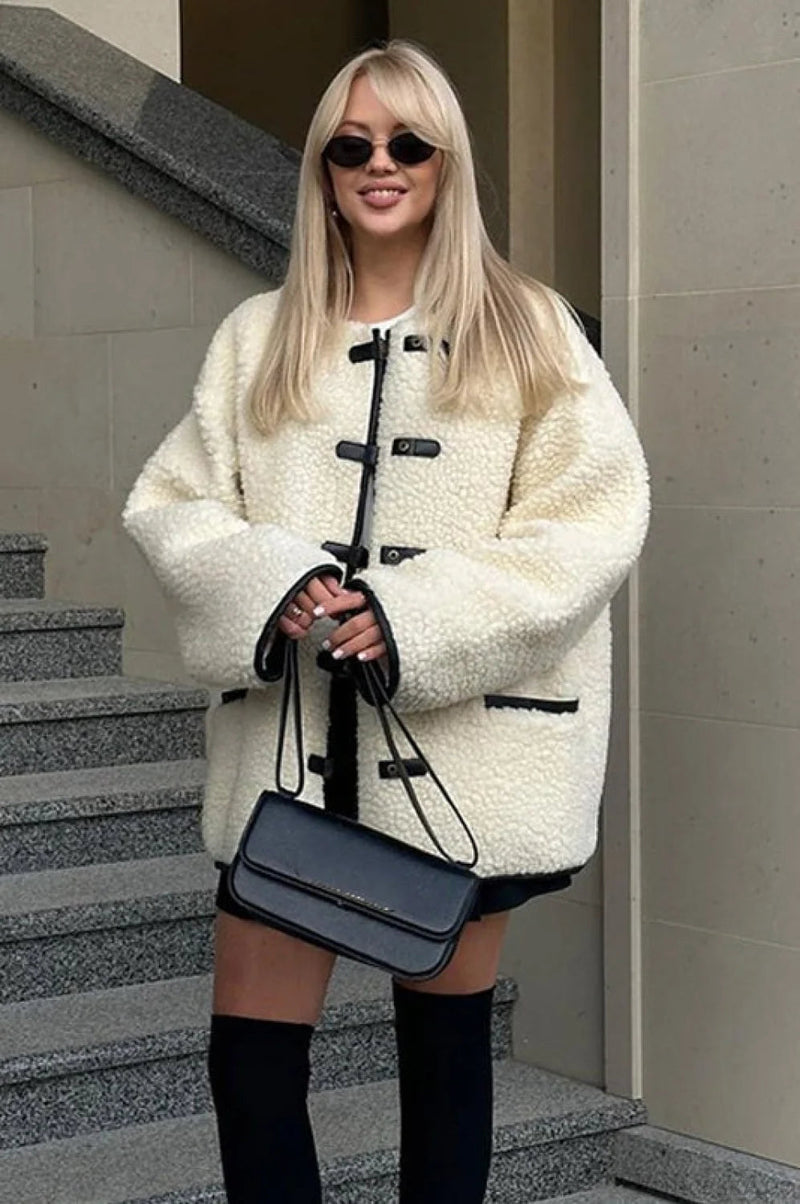 Color Sherpa Horn Button Minimalist Coat