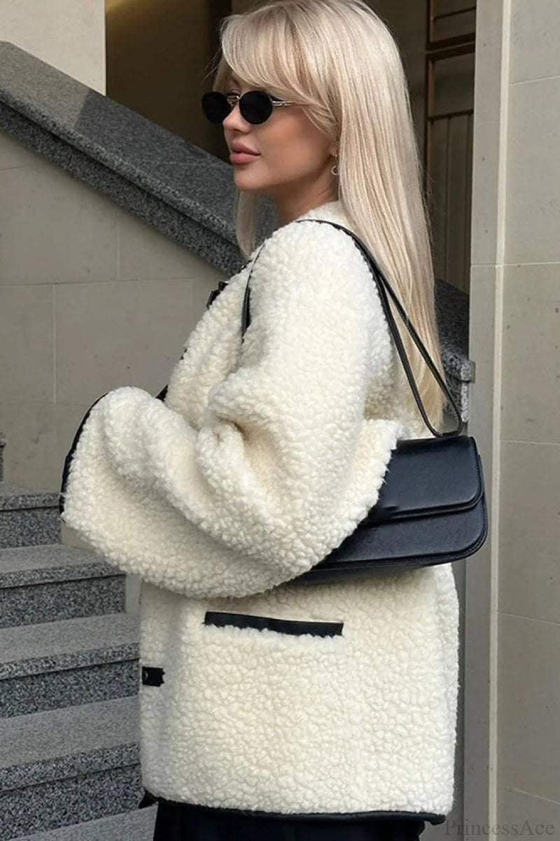 Color Sherpa Horn Button Minimalist Coat