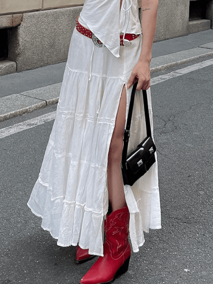 White Y2k Slit Layered Midi Skirt