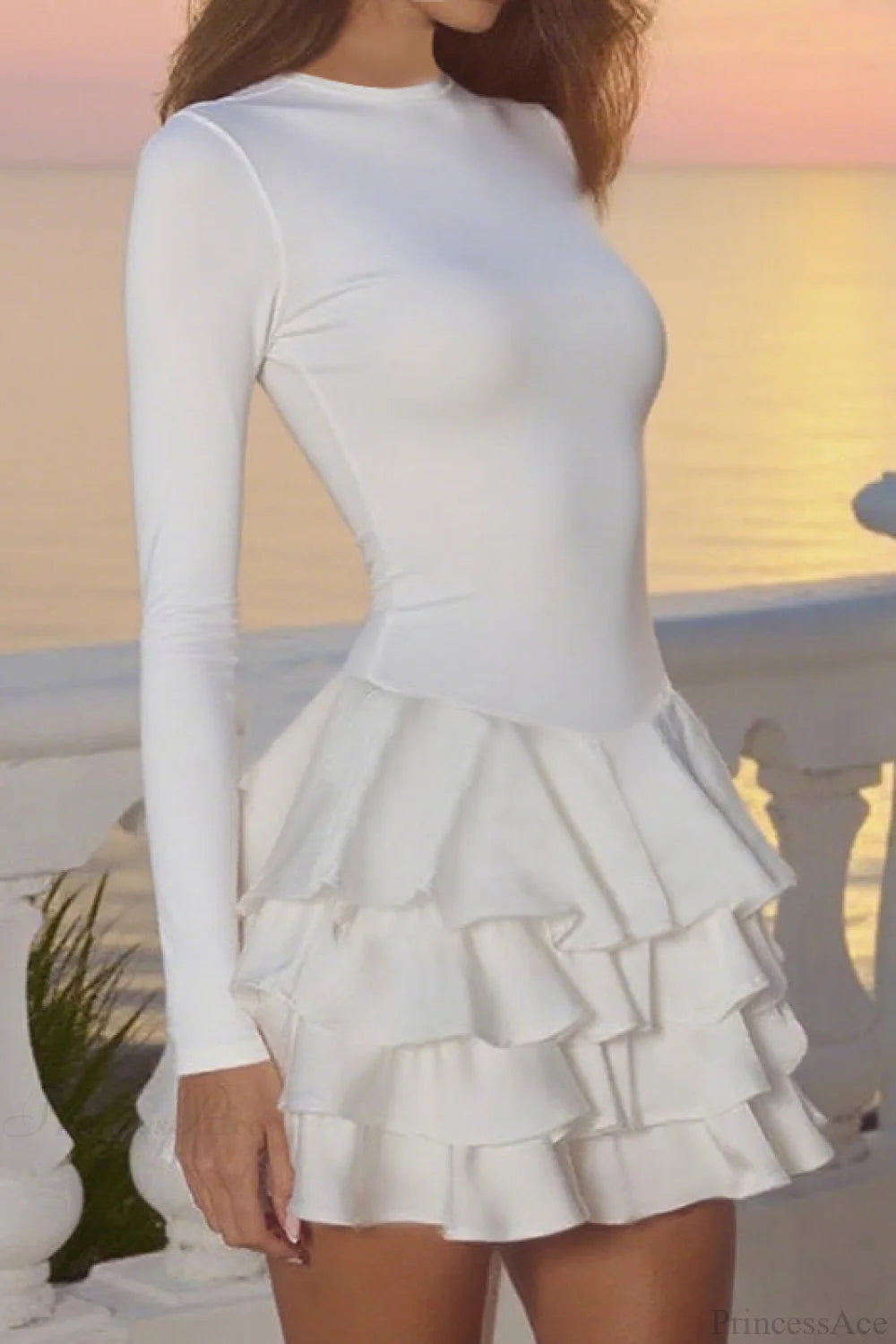 Crew Neck Slim High Waist Puff Mini Dress