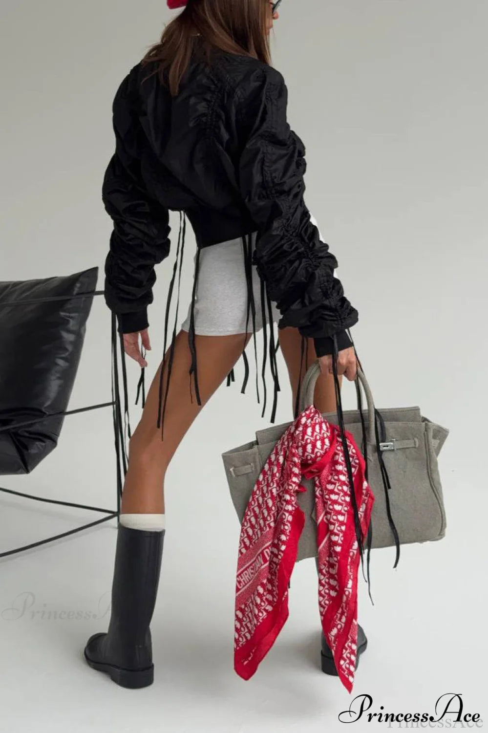 Fringed Ruched Waist Short Zip Coat