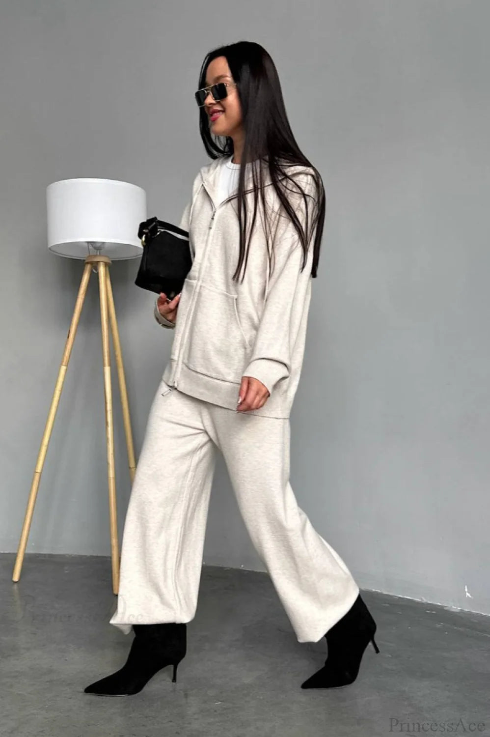 Knit Hooded Straight-leg Two Piece Set
