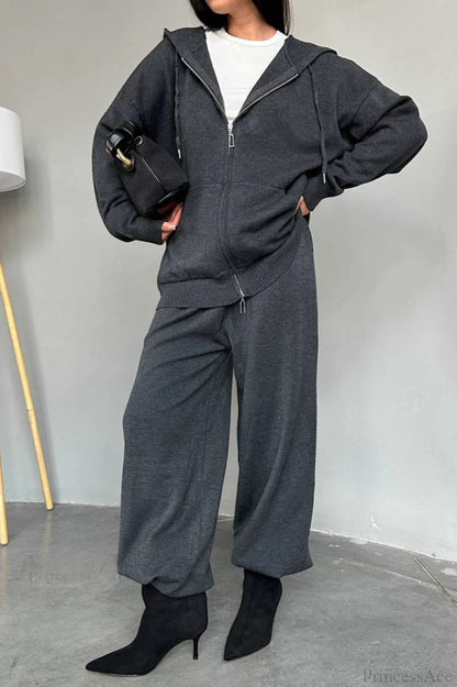 Knit Hooded Straight-leg Two Piece Set