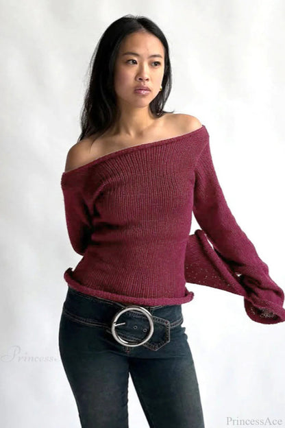 Off Shoulder Rolled Edge Loose Knit Sweater