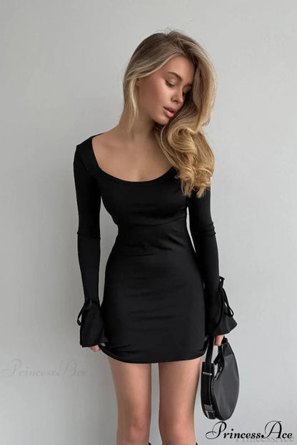Square Neck Tie Waist Ruched Fitted Mini Dress
