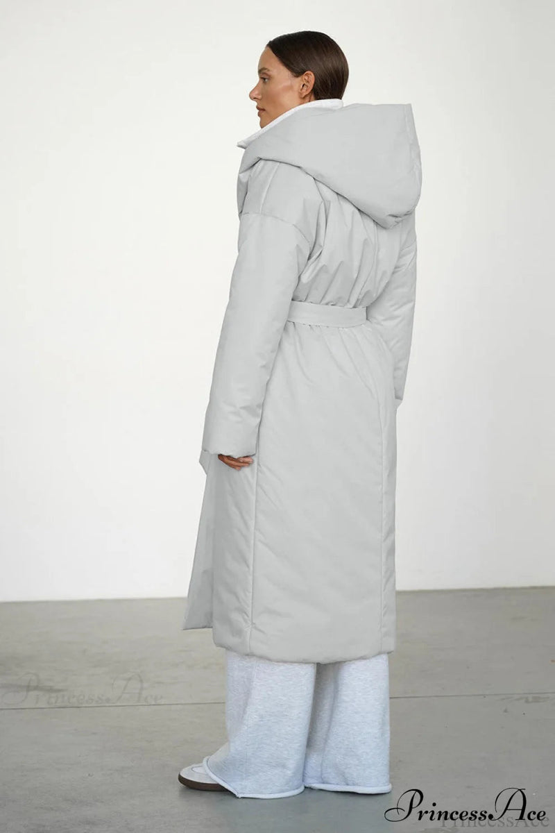 Warm Long Hooded Belted Cotton Puffer Overcoat