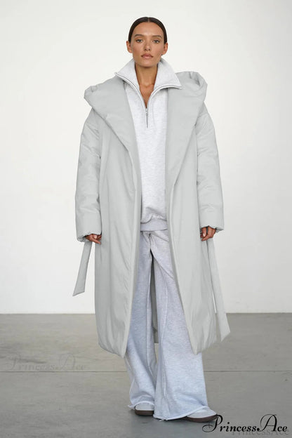 Warm Long Hooded Belted Cotton Puffer Overcoat