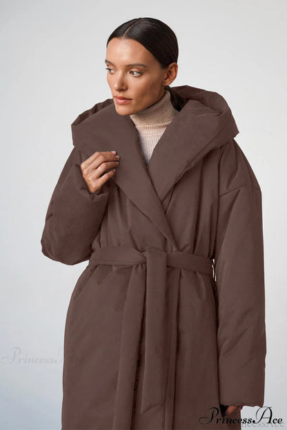 Warm Long Hooded Belted Cotton Puffer Overcoat