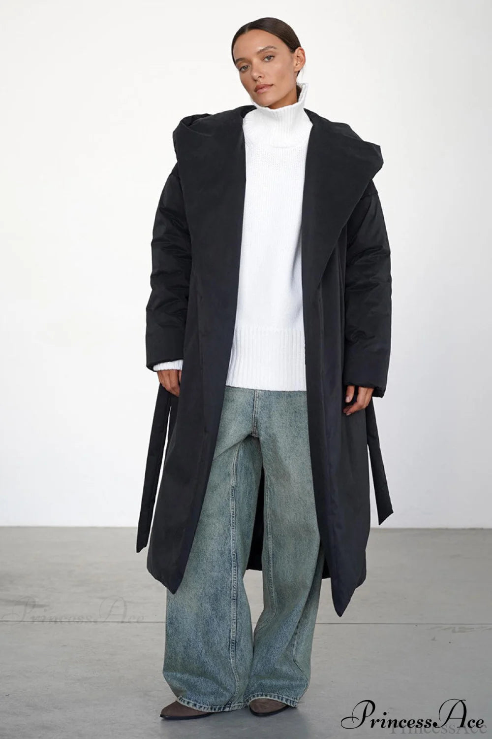 Warm Long Hooded Belted Cotton Puffer Overcoat