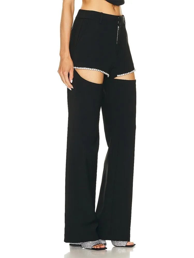 Wide Leg Pants for | High Waist Hollow Out Spliced Diamonds Loose Straight Pant | Female Clothing