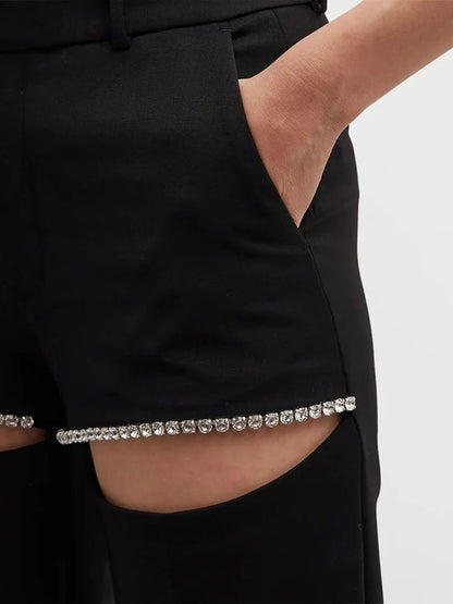 Wide Leg Pants for | High Waist Hollow Out Spliced Diamonds Loose Straight Pant | Female Clothing