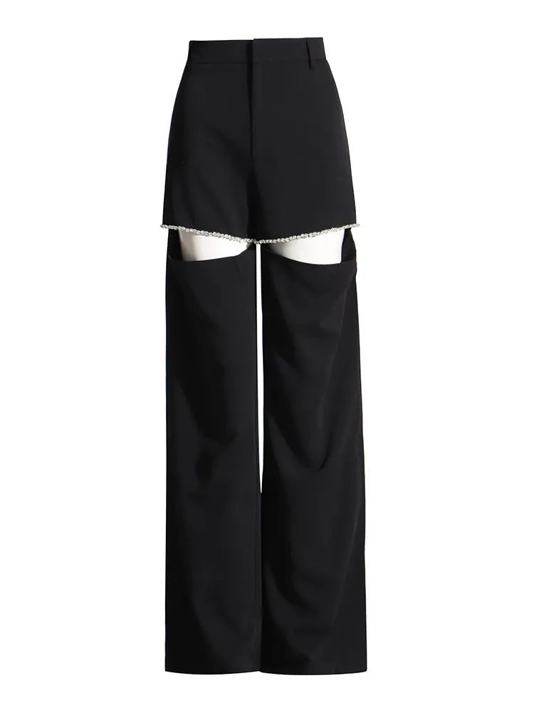 Wide Leg Pants for | High Waist Hollow Out Spliced Diamonds Loose Straight Pant | Female Clothing