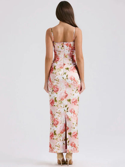 Spaghetti Strap Print Maxi Dress - Sleeveless Backless Bodycon Long Dress