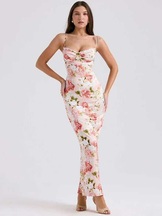 Spaghetti Strap Print Maxi Dress - Sleeveless Backless Bodycon Long Dress