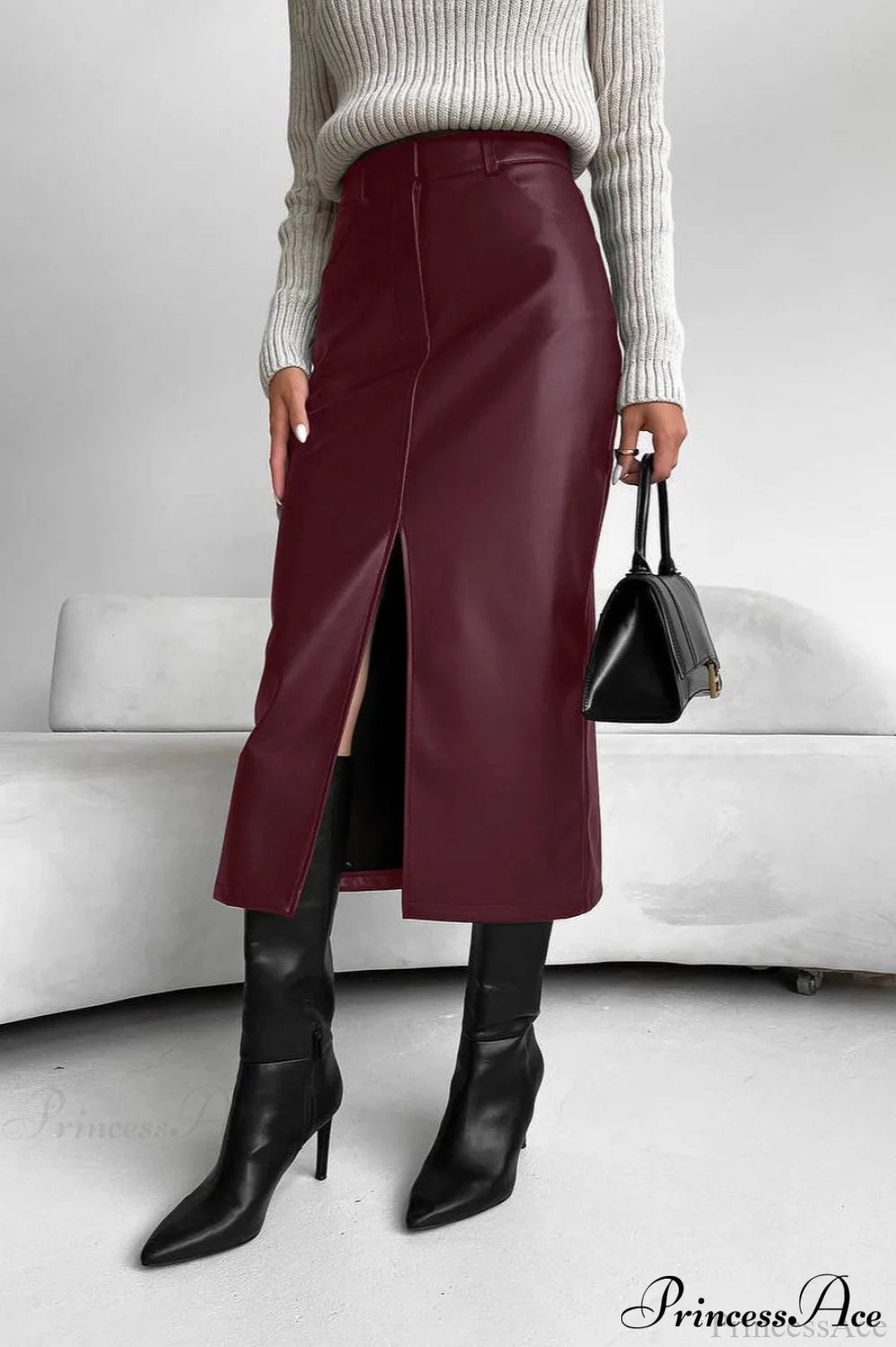 Split Design Fleece Lined Faux Leather Skirt