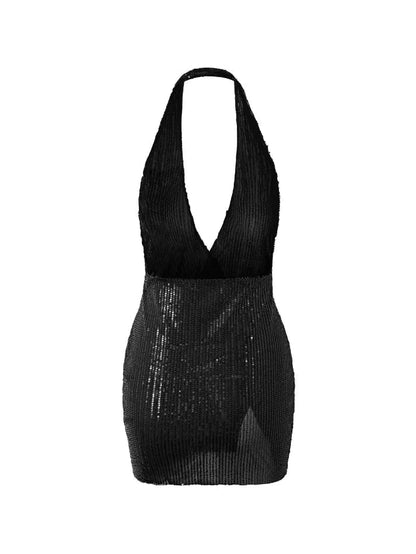 Black Split Sequin Halter Party Mini Dress