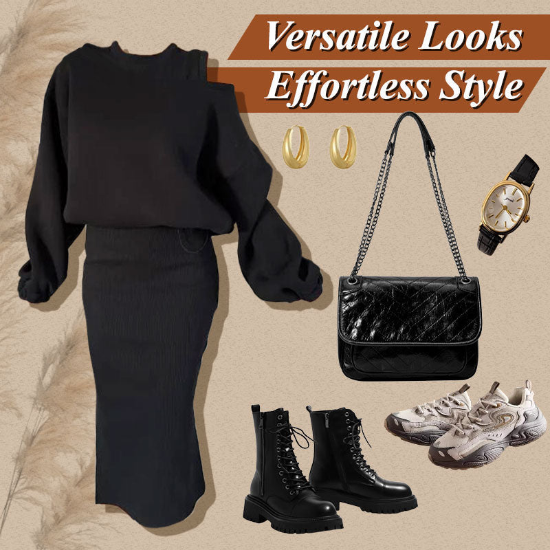Slanted Shoulder Sweatshirt & Sleeveless Dress Set 30