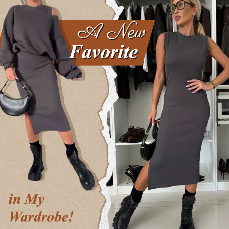 Slanted Shoulder Sweatshirt & Sleeveless Dress Set 30
