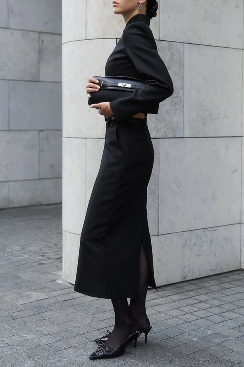 Stand Collar Zipper Slim Fit Long Sleeve Split Two Piece Set