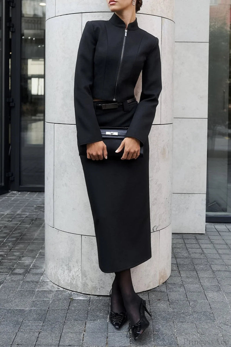 Stand Collar Zipper Slim Fit Long Sleeve Split Two Piece Set