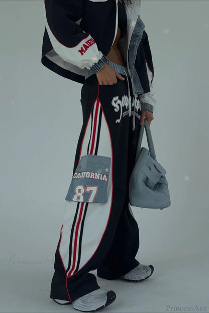 Street Style Denim Paneled Slim Fit Jacket Pants Two Piece Set