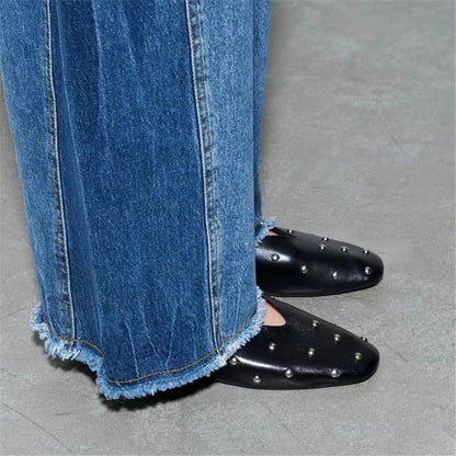 Stylish and Comfortable: Genuine Leather Mary Jane Flats With Rivet Accents and Buckle Detailing