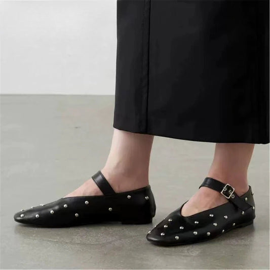 Stylish and Comfortable: Genuine Leather Mary Jane Flats With Rivet Accents and Buckle Detailing