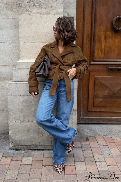 Suede Belted Blazer Collar Coat