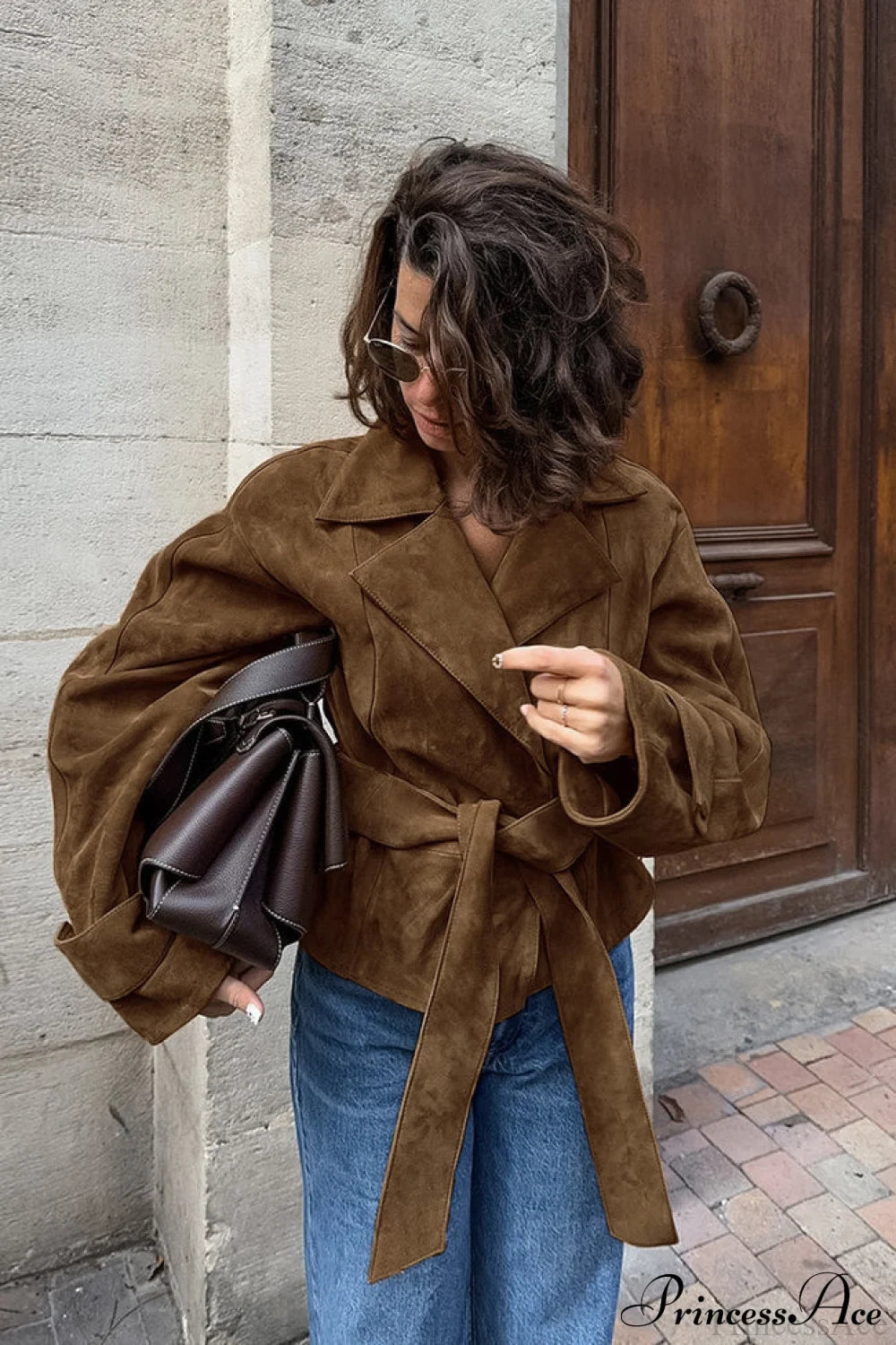 Suede Belted Blazer Collar Coat