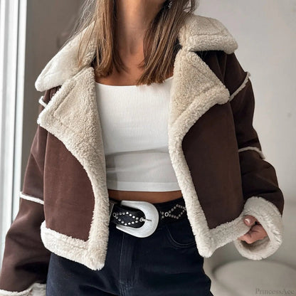 Suede Wide Lapel Cropped Fleece-lined Long Sleeve Coat