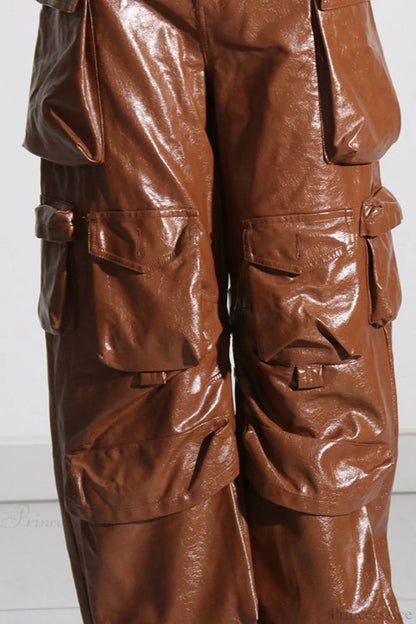 Summer Loose Pu Leather Cargo Pants