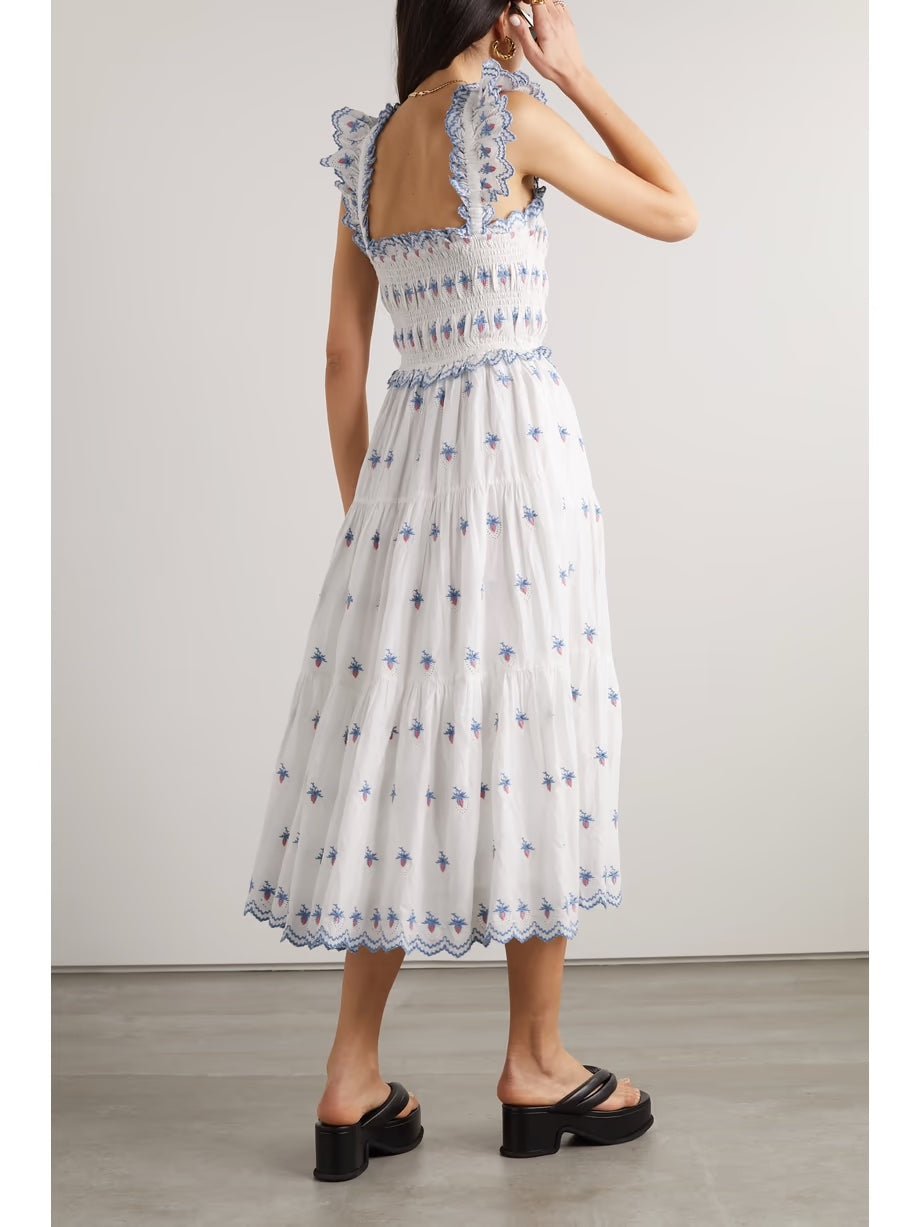 Sweet Strawberry Embroidered Broderie Anglaise Midi Dress | Organic Cotton Summer Sundress
