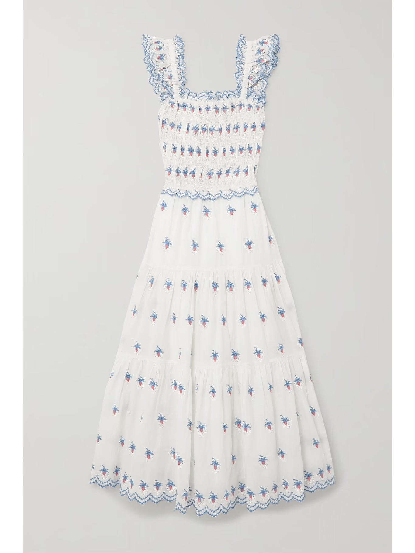 Sweet Strawberry Embroidered Broderie Anglaise Midi Dress | Organic Cotton Summer Sundress