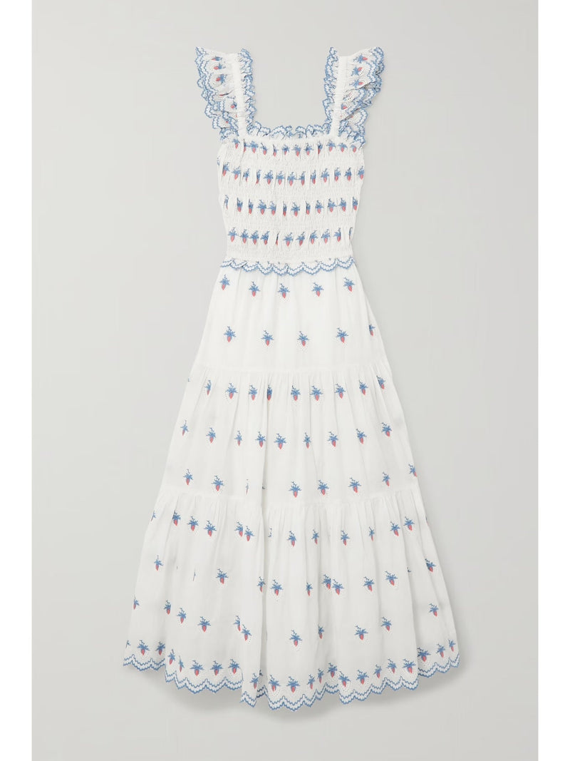 Sweet Strawberry Embroidered Broderie Anglaise Midi Dress | Organic Cotton Summer Sundress