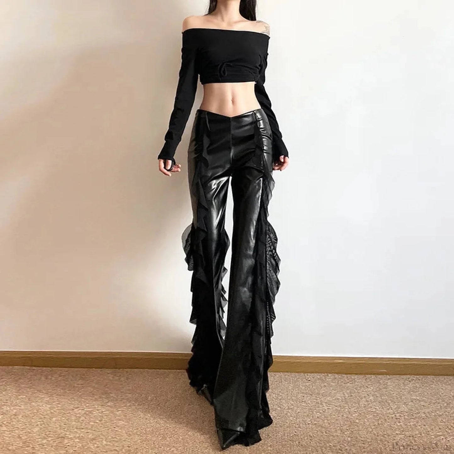 Tall Waist Gothic False Pu Mesh Pant