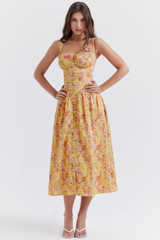 Tatiana Yellow Print Midi Dress
