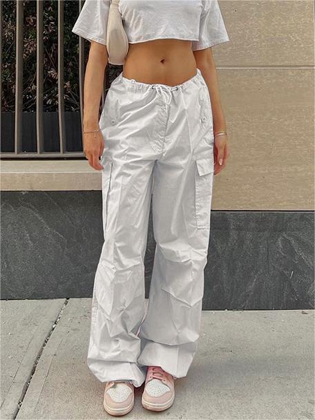 White Y2k Baggy Parachute Cargo Pants With Drawstring
