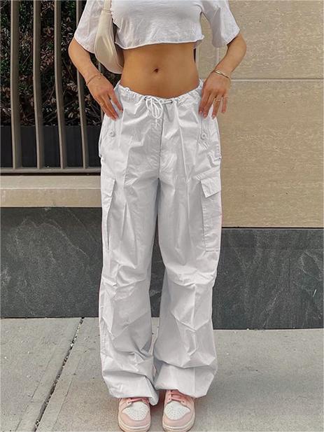 White Y2k Baggy Parachute Cargo Pants With Drawstring